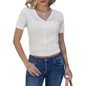 GRACE KARIN Women’s Short Sleeve 2024 Cropped Cardigans Button Down Boleros Sweaters Lightweight Hollowed-Out Knit Shrugs(Ivory White)
