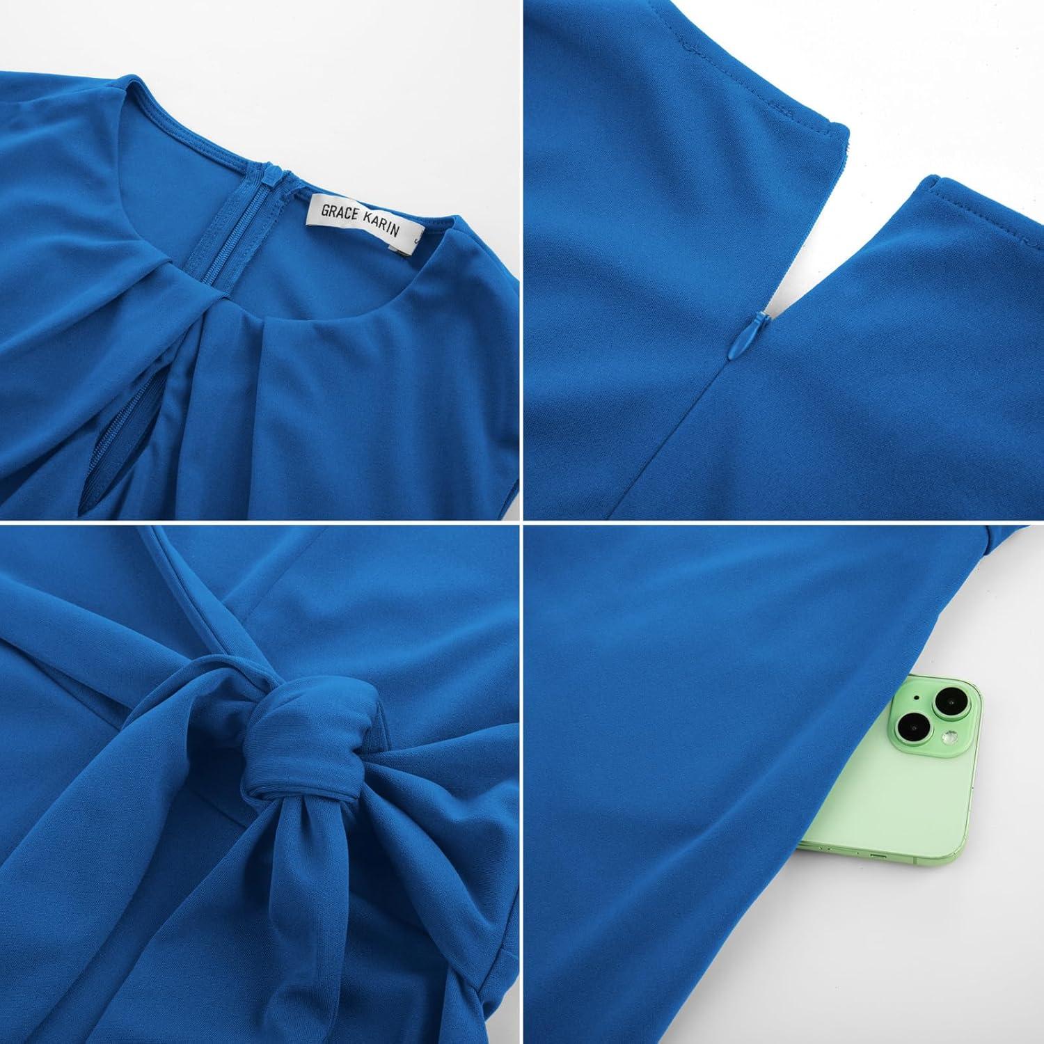 imageGRACE KARIN Women 2026 Work Dress Sleeveless Tie Waist Elegant Party Cocktail A Line Flowy Midi Dresses with PocketsBlue