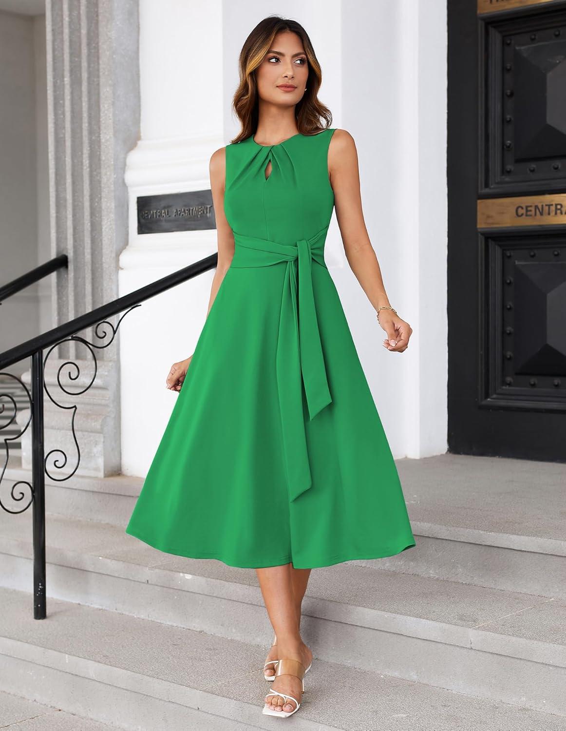imageGRACE KARIN Women 2026 Work Dress Sleeveless Tie Waist Elegant Party Cocktail A Line Flowy Midi Dresses with PocketsGreen