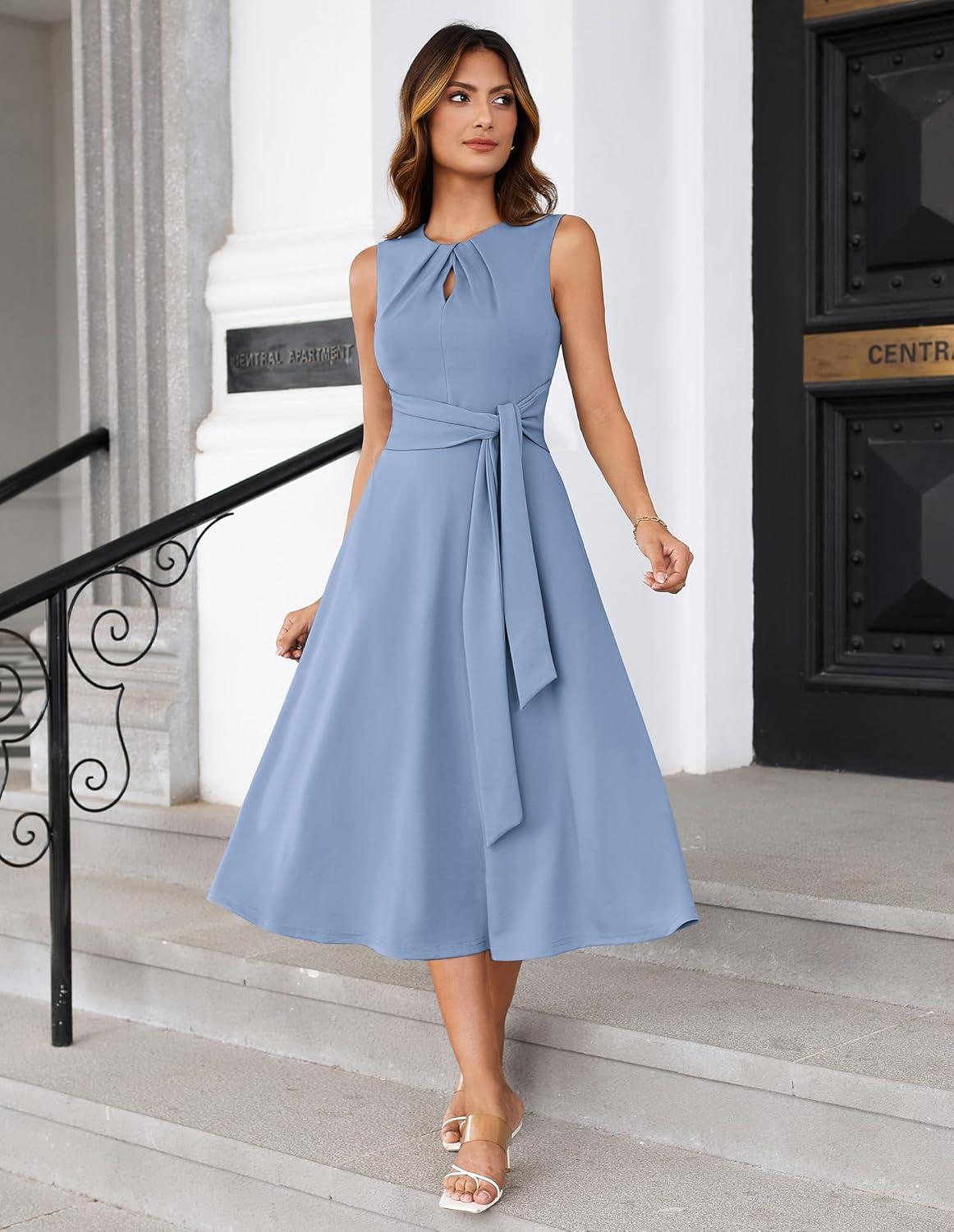 imageGRACE KARIN Women 2026 Work Dress Sleeveless Tie Waist Elegant Party Cocktail A Line Flowy Midi Dresses with PocketsGrey Blue