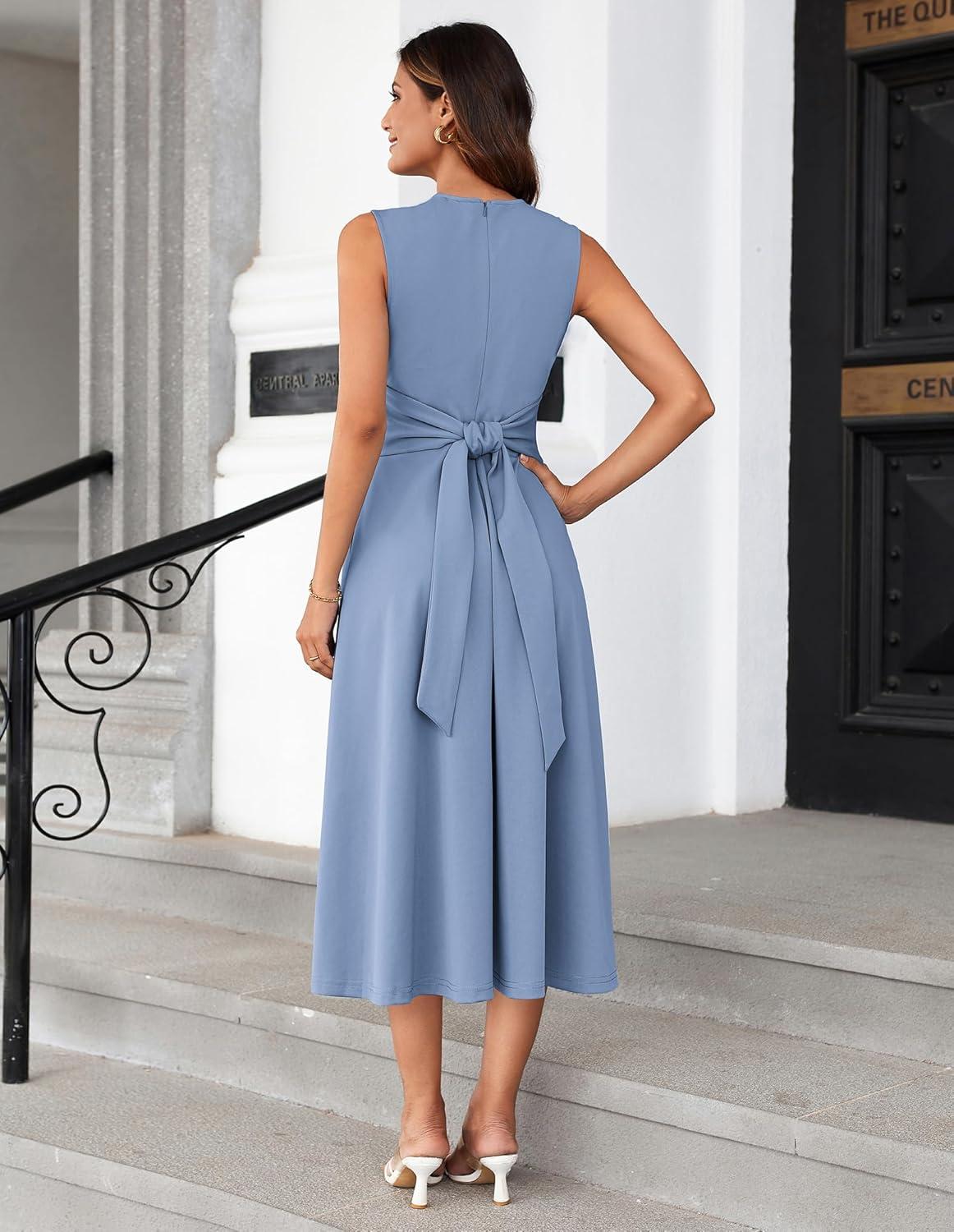 imageGRACE KARIN Women 2026 Work Dress Sleeveless Tie Waist Elegant Party Cocktail A Line Flowy Midi Dresses with PocketsGrey Blue