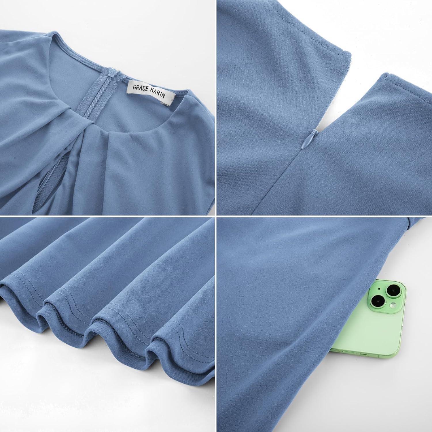 imageGRACE KARIN Women 2026 Work Dress Sleeveless Tie Waist Elegant Party Cocktail A Line Flowy Midi Dresses with PocketsGrey Blue