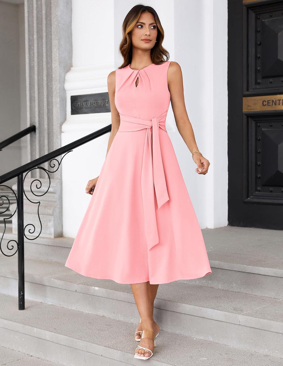 imageGRACE KARIN Women 2026 Work Dress Sleeveless Tie Waist Elegant Party Cocktail A Line Flowy Midi Dresses with PocketsLight Pink