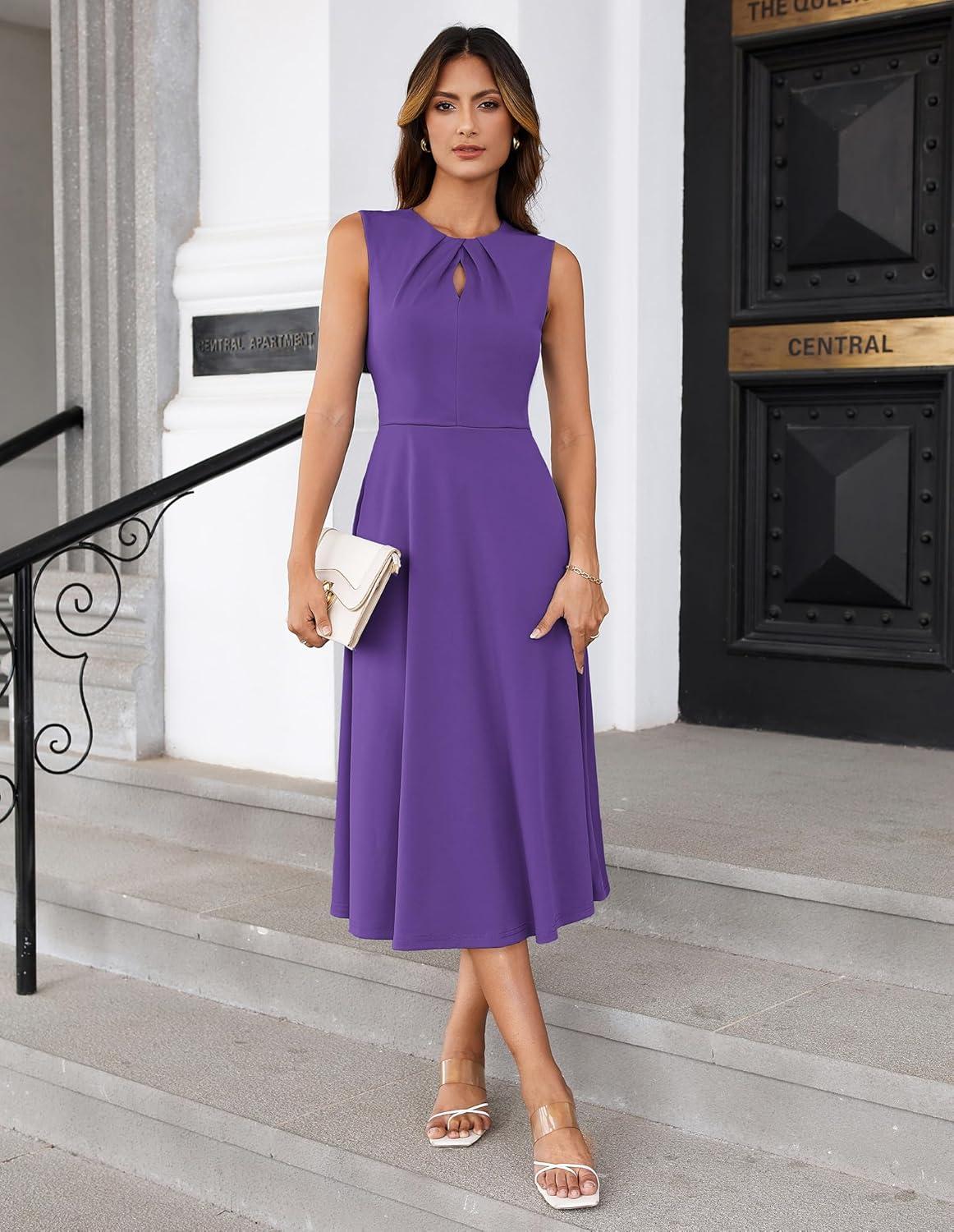 imageGRACE KARIN Women 2026 Work Dress Sleeveless Tie Waist Elegant Party Cocktail A Line Flowy Midi Dresses with PocketsPurple