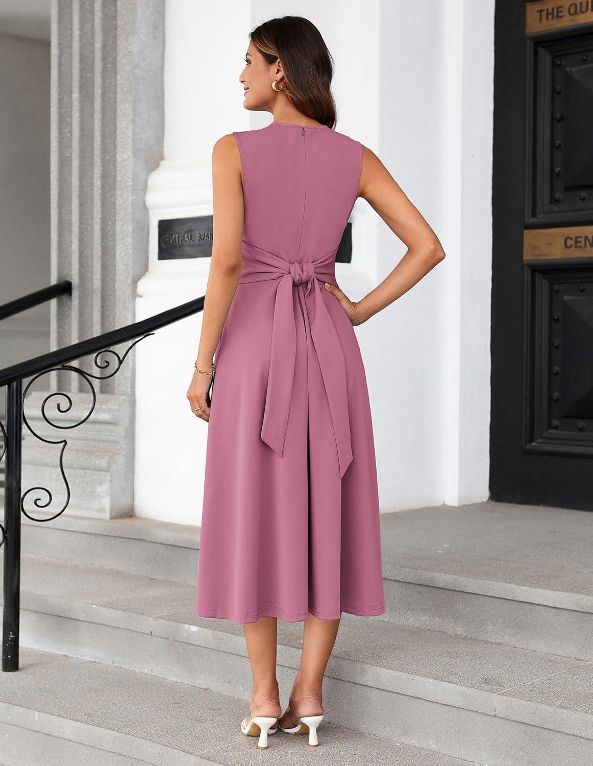 imageGRACE KARIN Women 2026 Work Dress Sleeveless Tie Waist Elegant Party Cocktail A Line Flowy Midi Dresses with PocketsPurple Pink