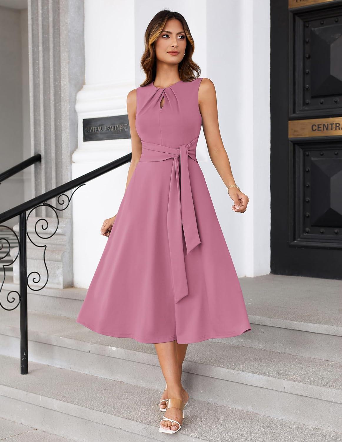 imageGRACE KARIN Women 2026 Work Dress Sleeveless Tie Waist Elegant Party Cocktail A Line Flowy Midi Dresses with PocketsPurple Pink