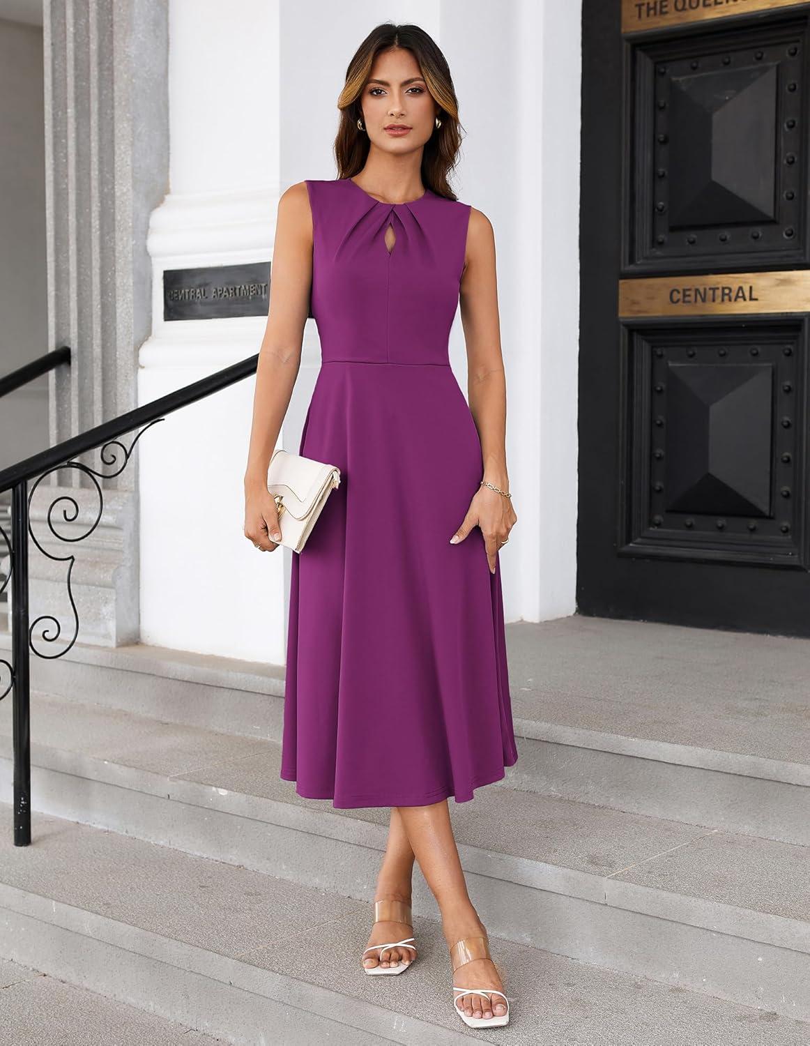 imageGRACE KARIN Women 2026 Work Dress Sleeveless Tie Waist Elegant Party Cocktail A Line Flowy Midi Dresses with PocketsPurple Red