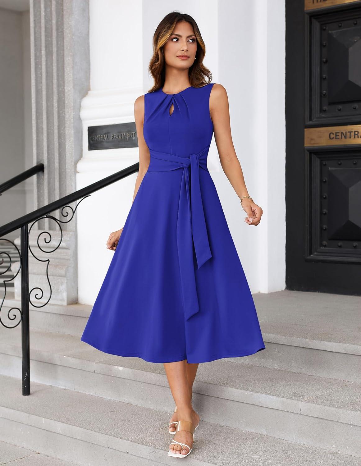 imageGRACE KARIN Women 2026 Work Dress Sleeveless Tie Waist Elegant Party Cocktail A Line Flowy Midi Dresses with PocketsRoyal Blue