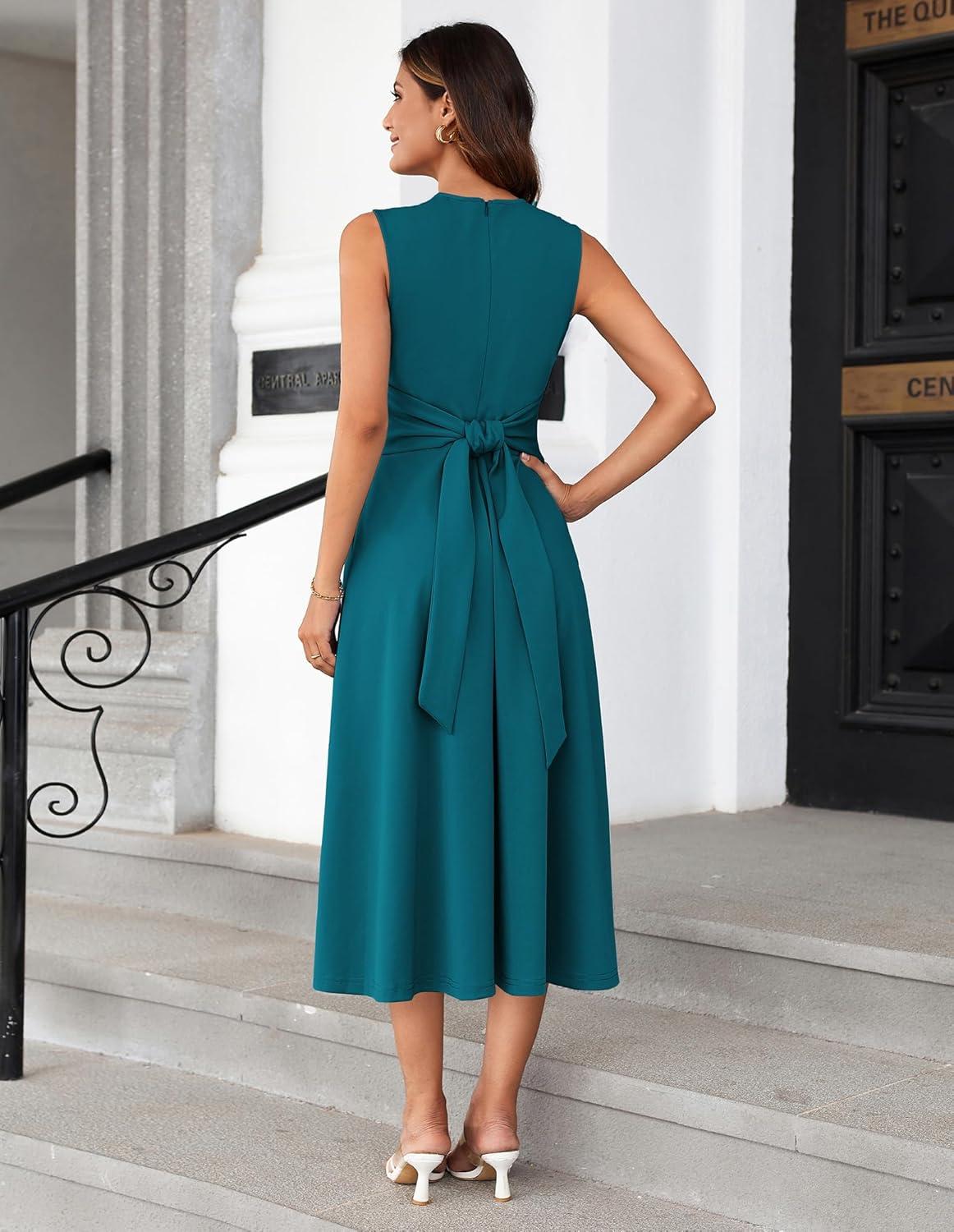 imageGRACE KARIN Women 2026 Work Dress Sleeveless Tie Waist Elegant Party Cocktail A Line Flowy Midi Dresses with PocketsTeal