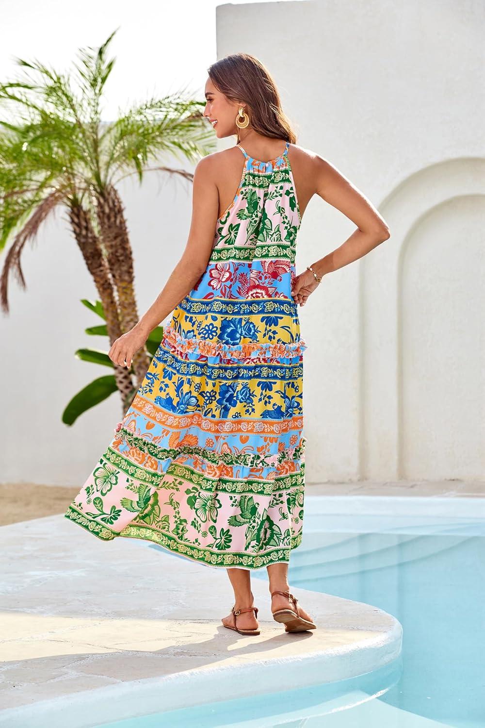 imageGRACE KARIN Womens Maxi Boho Dress Casual Summer Loose Long Floral Sundresses Flowy Halter Tiered Beach Vacation OutfitsMulticolor