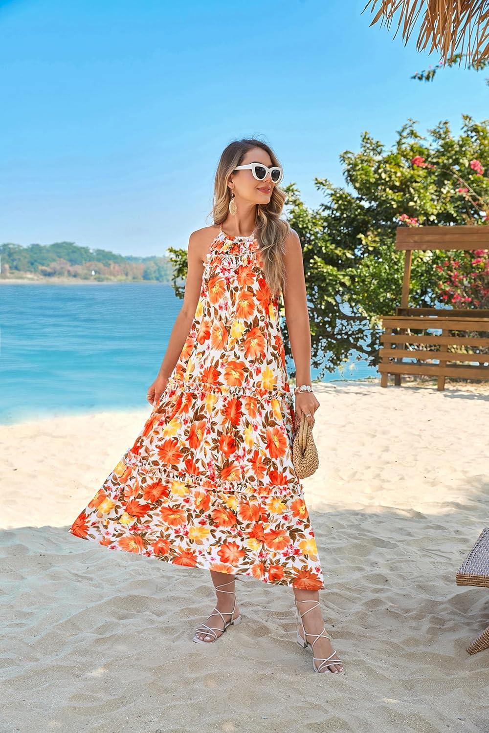 imageGRACE KARIN Womens Maxi Boho Dress Casual Summer Loose Long Floral Sundresses Flowy Halter Tiered Beach Vacation OutfitsOrange Medium Large Flowers