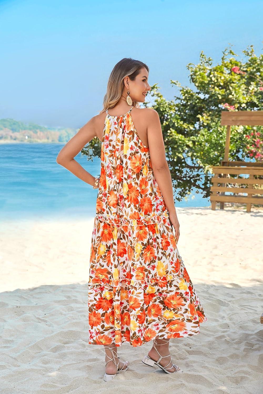 imageGRACE KARIN Womens Maxi Boho Dress Casual Summer Loose Long Floral Sundresses Flowy Halter Tiered Beach Vacation OutfitsOrange Medium Large Flowers