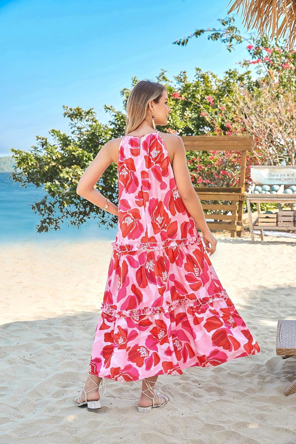 imageGRACE KARIN Womens Maxi Boho Dress Casual Summer Loose Long Floral Sundresses Flowy Halter Tiered Beach Vacation OutfitsPink Bright Flower