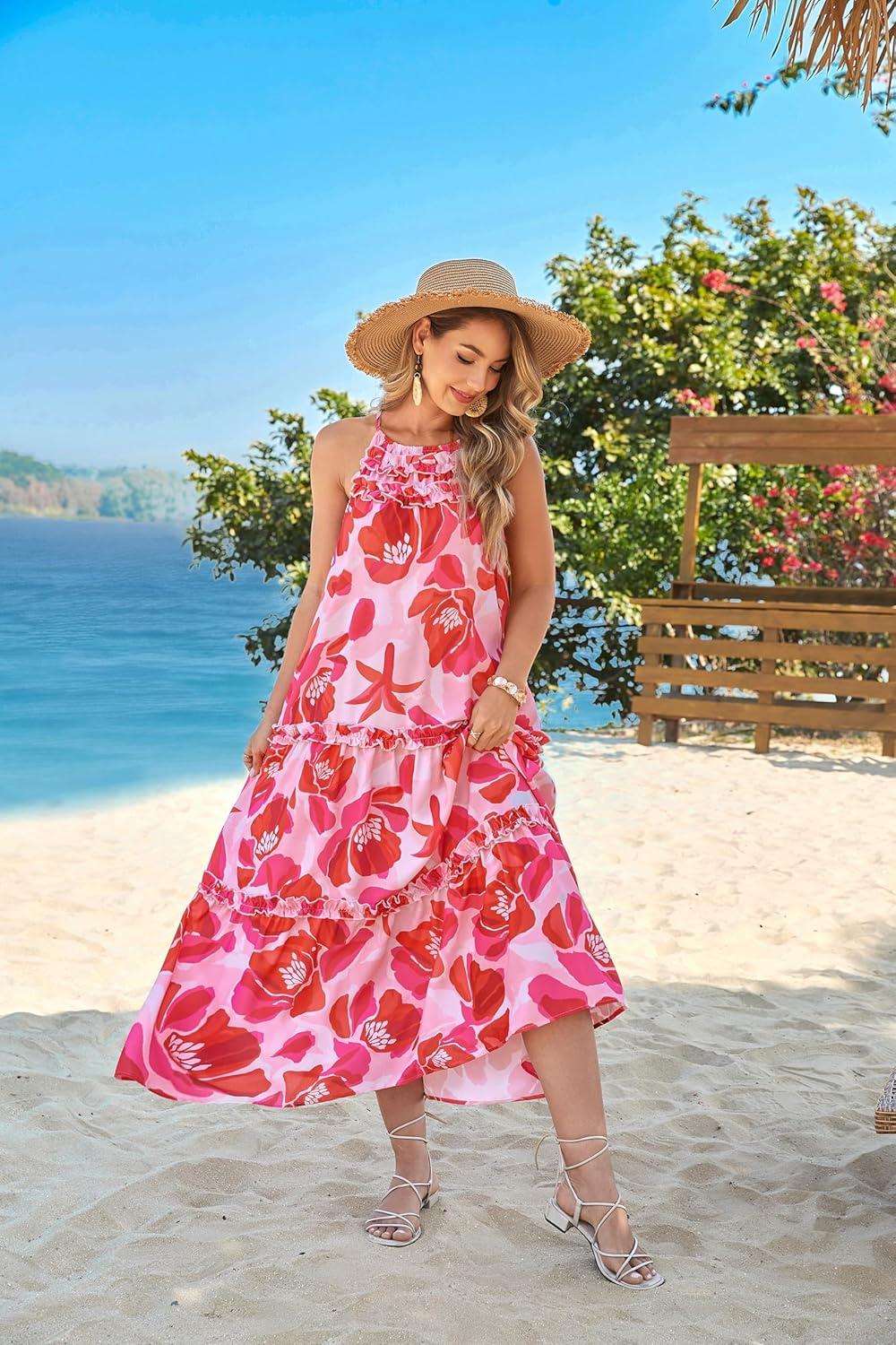 imageGRACE KARIN Womens Maxi Boho Dress Casual Summer Loose Long Floral Sundresses Flowy Halter Tiered Beach Vacation OutfitsPink Bright Flower