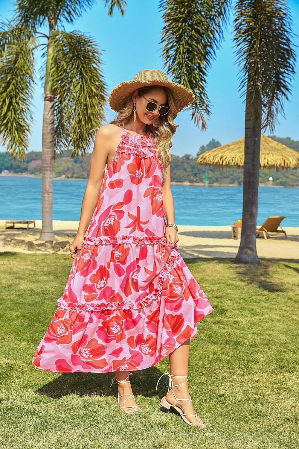 imageGRACE KARIN Womens Maxi Boho Dress Casual Summer Loose Long Floral Sundresses Flowy Halter Tiered Beach Vacation OutfitsPink Bright Flower