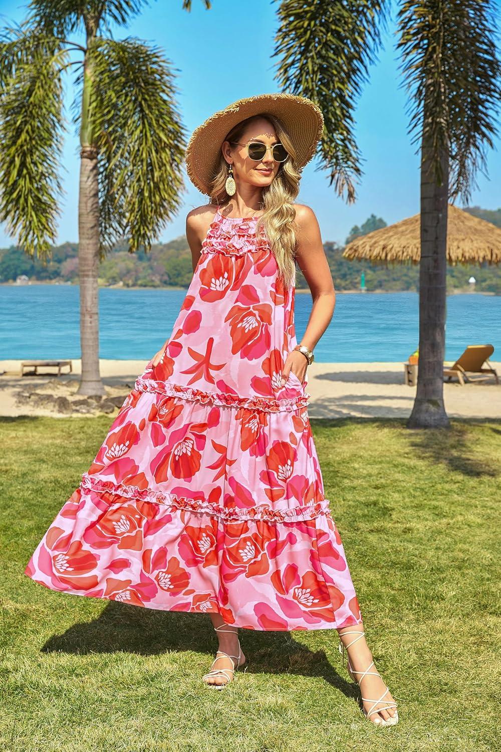 imageGRACE KARIN Womens Maxi Boho Dress Casual Summer Loose Long Floral Sundresses Flowy Halter Tiered Beach Vacation OutfitsPink Bright Flower