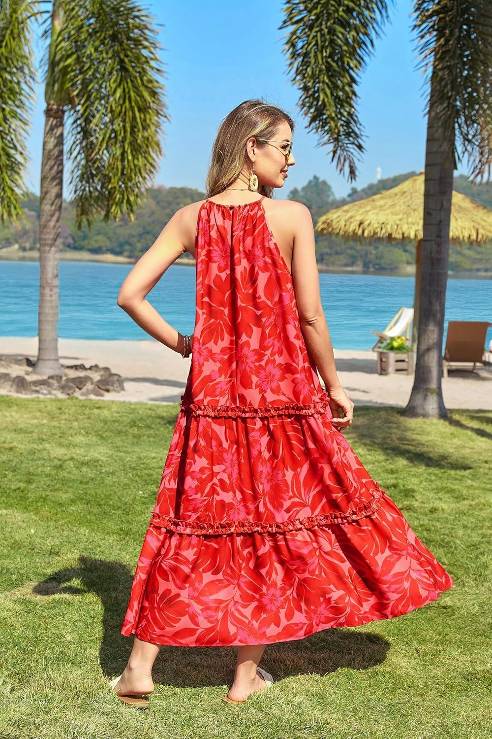 imageGRACE KARIN Womens Maxi Boho Dress Casual Summer Loose Long Floral Sundresses Flowy Halter Tiered Beach Vacation OutfitsRed Bright Flower