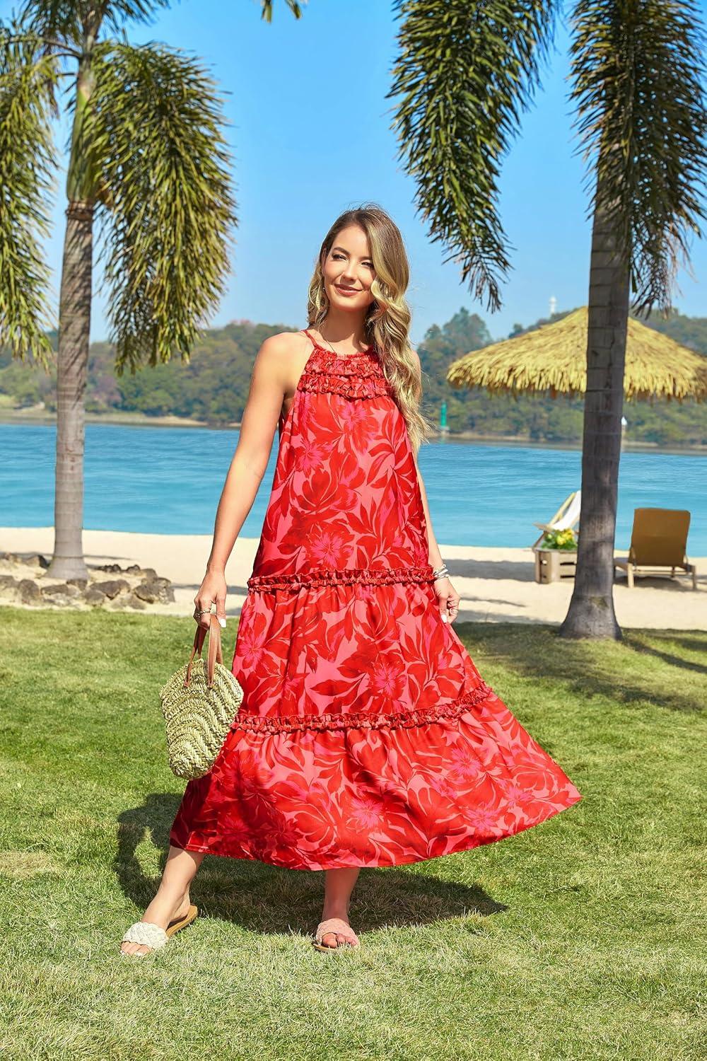 imageGRACE KARIN Womens Maxi Boho Dress Casual Summer Loose Long Floral Sundresses Flowy Halter Tiered Beach Vacation OutfitsRed Bright Flower