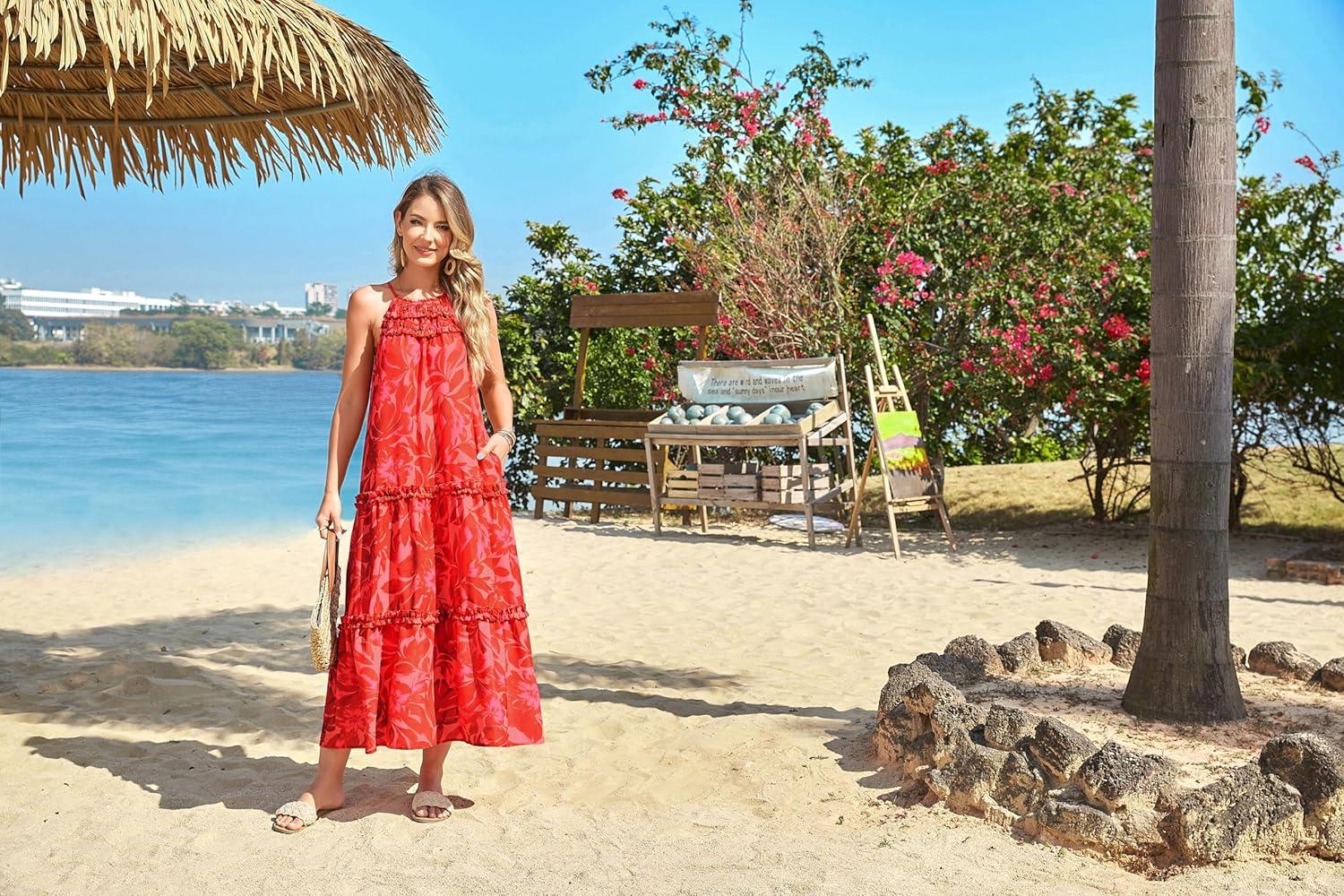 imageGRACE KARIN Womens Maxi Boho Dress Casual Summer Loose Long Floral Sundresses Flowy Halter Tiered Beach Vacation OutfitsRed Bright Flower