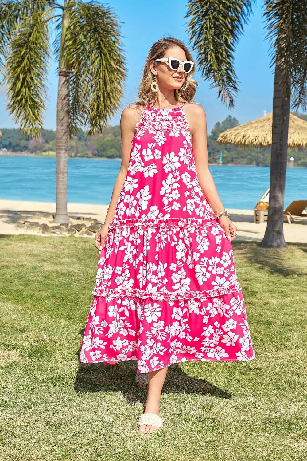 imageGRACE KARIN Womens Maxi Boho Dress Casual Summer Loose Long Floral Sundresses Flowy Halter Tiered Beach Vacation OutfitsRose Pink Silhouette Flower