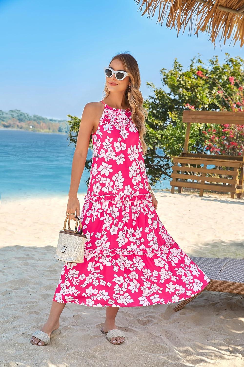 imageGRACE KARIN Womens Maxi Boho Dress Casual Summer Loose Long Floral Sundresses Flowy Halter Tiered Beach Vacation OutfitsRose Pink Silhouette Flower