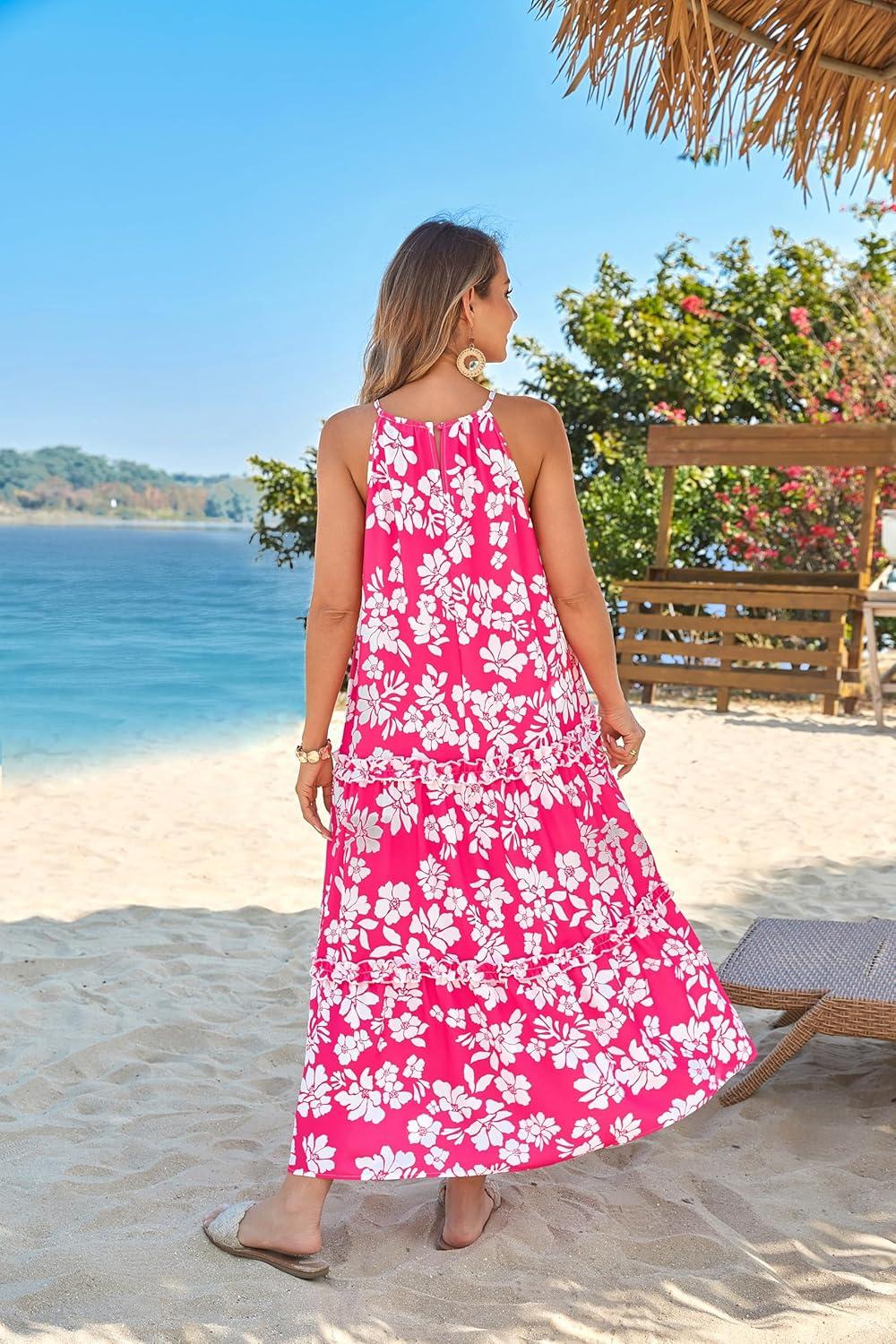 imageGRACE KARIN Womens Maxi Boho Dress Casual Summer Loose Long Floral Sundresses Flowy Halter Tiered Beach Vacation OutfitsRose Pink Silhouette Flower