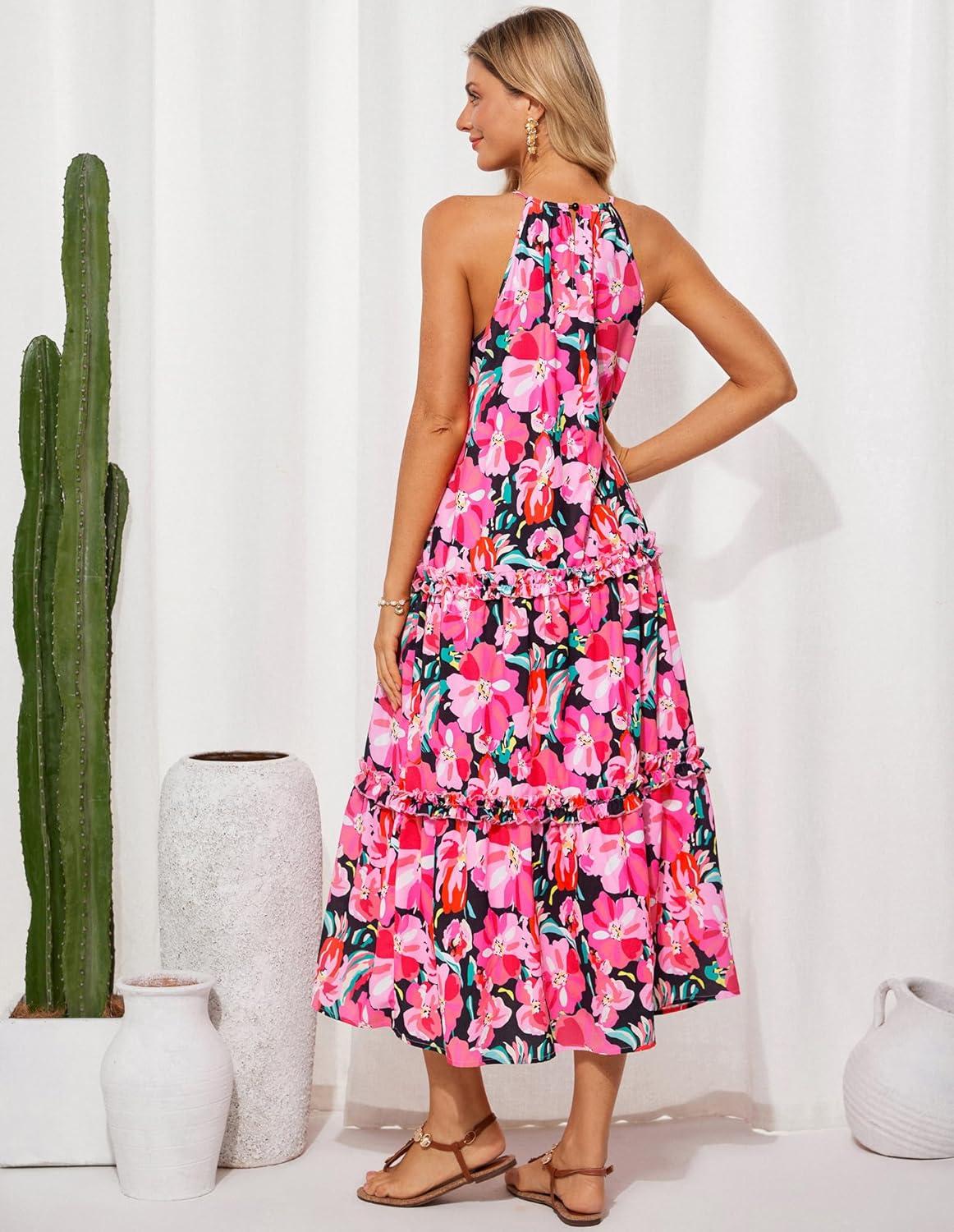 imageGRACE KARIN Womens Maxi Boho Dress Casual Summer Loose Long Floral Sundresses Flowy Halter Tiered Beach Vacation OutfitsRose Red Flower