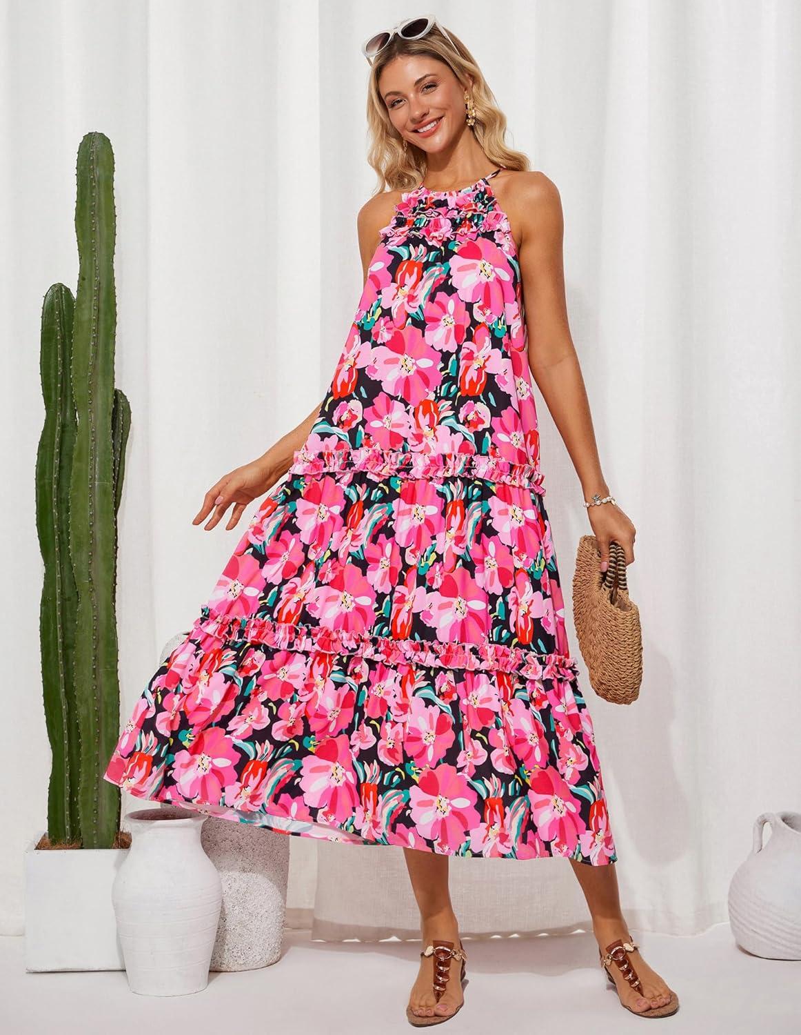 imageGRACE KARIN Womens Maxi Boho Dress Casual Summer Loose Long Floral Sundresses Flowy Halter Tiered Beach Vacation OutfitsRose Red Flower
