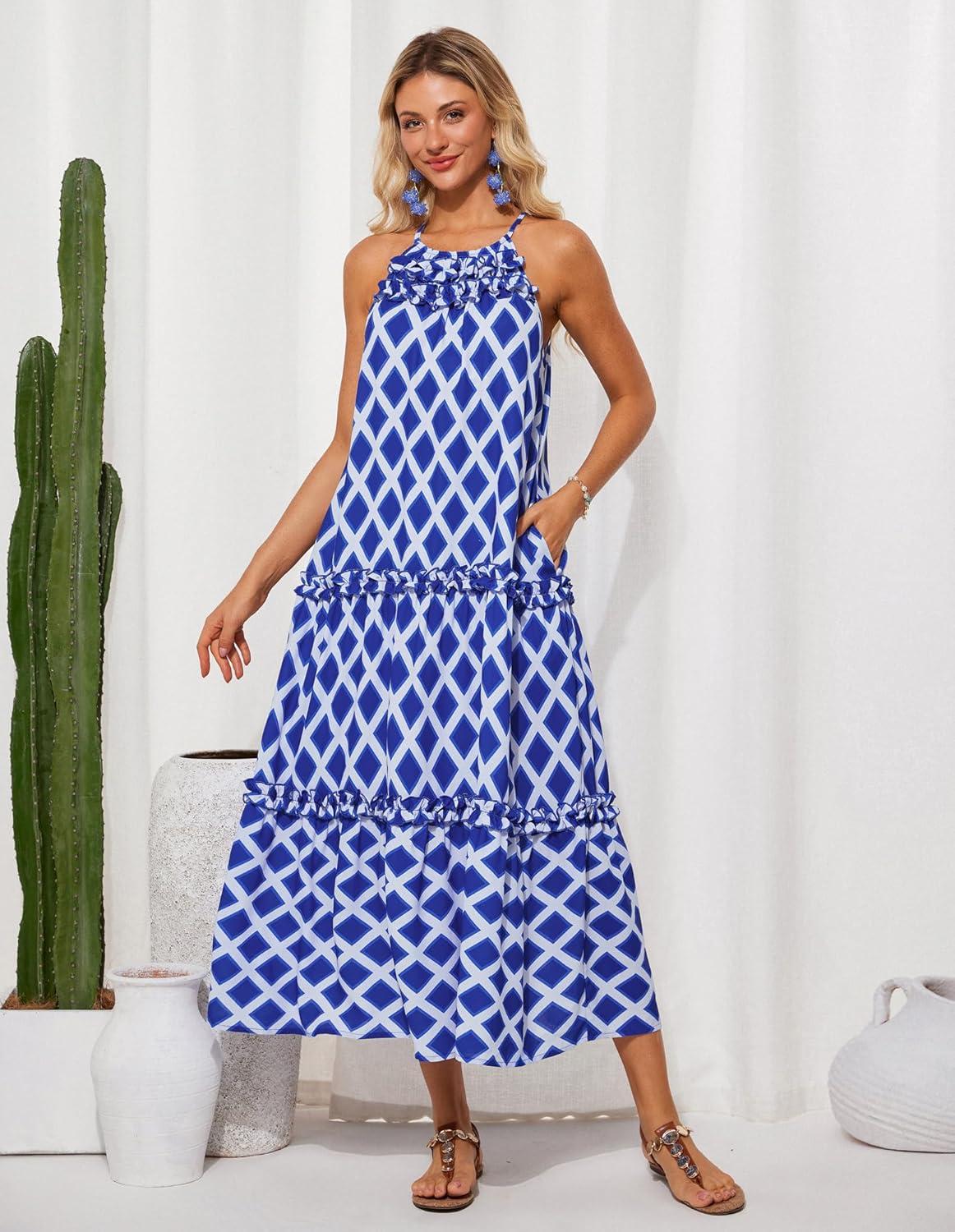 imageGRACE KARIN Womens Maxi Boho Dress Casual Summer Loose Long Floral Sundresses Flowy Halter Tiered Beach Vacation OutfitsRoyal Blue Rhombic