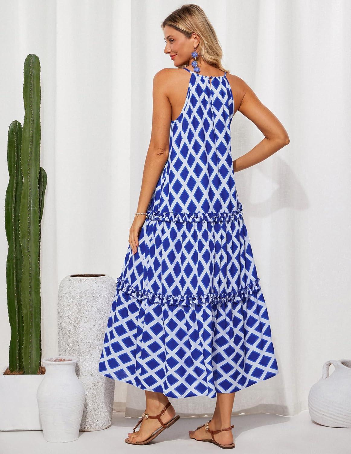 imageGRACE KARIN Womens Maxi Boho Dress Casual Summer Loose Long Floral Sundresses Flowy Halter Tiered Beach Vacation OutfitsRoyal Blue Rhombic