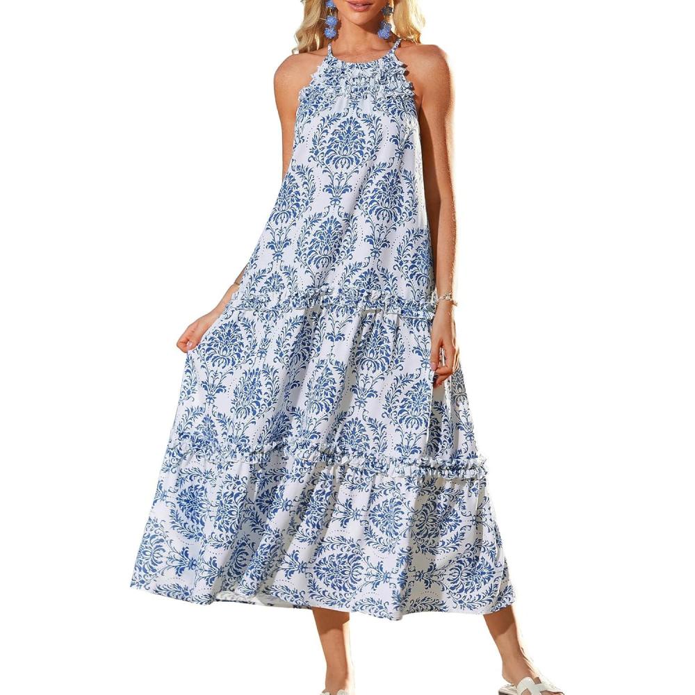 imageGRACE KARIN Womens Maxi Boho Dress Casual Summer Loose Long Floral Sundresses Flowy Halter Tiered Beach Vacation OutfitsLight Blue Totem