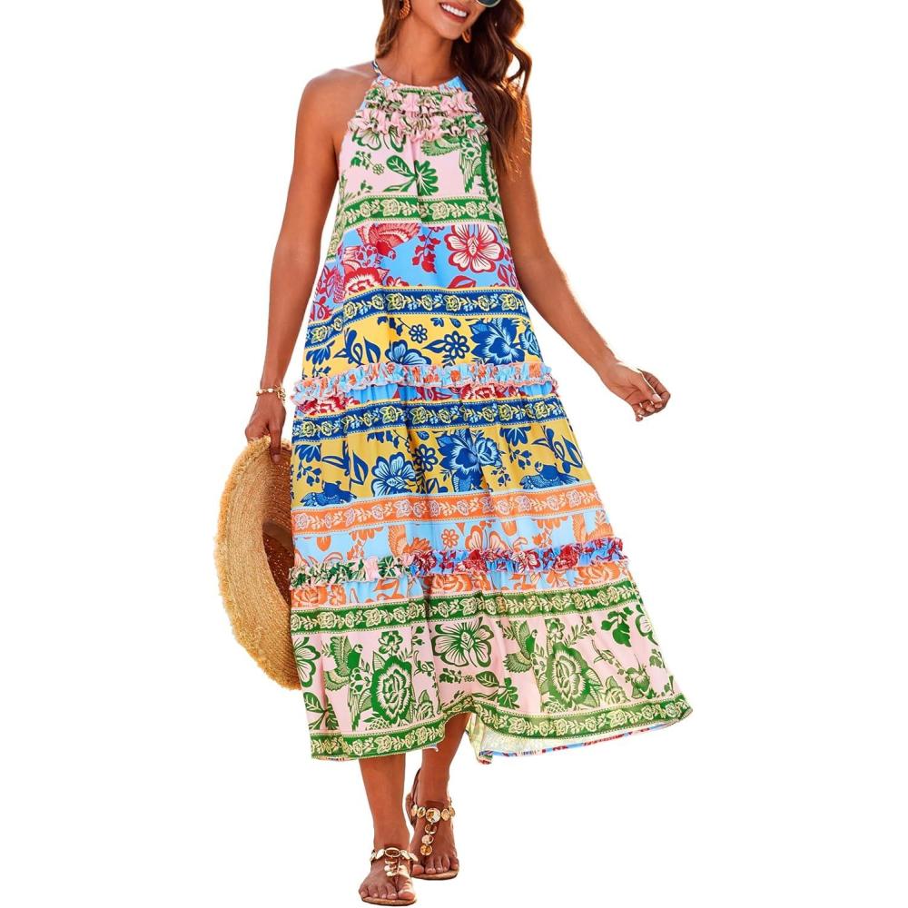 imageGRACE KARIN Womens Maxi Boho Dress Casual Summer Loose Long Floral Sundresses Flowy Halter Tiered Beach Vacation OutfitsMulticolor