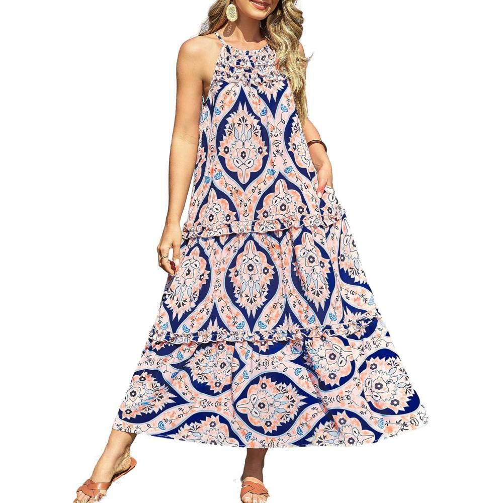 imageGRACE KARIN Womens Maxi Boho Dress Casual Summer Loose Long Floral Sundresses Flowy Halter Tiered Beach Vacation OutfitsOrange Folk Flower