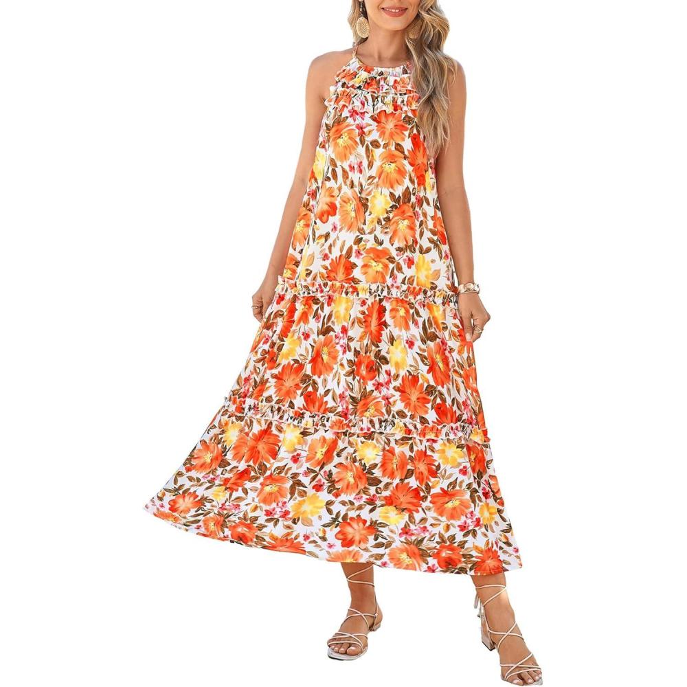 imageGRACE KARIN Womens Maxi Boho Dress Casual Summer Loose Long Floral Sundresses Flowy Halter Tiered Beach Vacation OutfitsOrange Medium Large Flowers