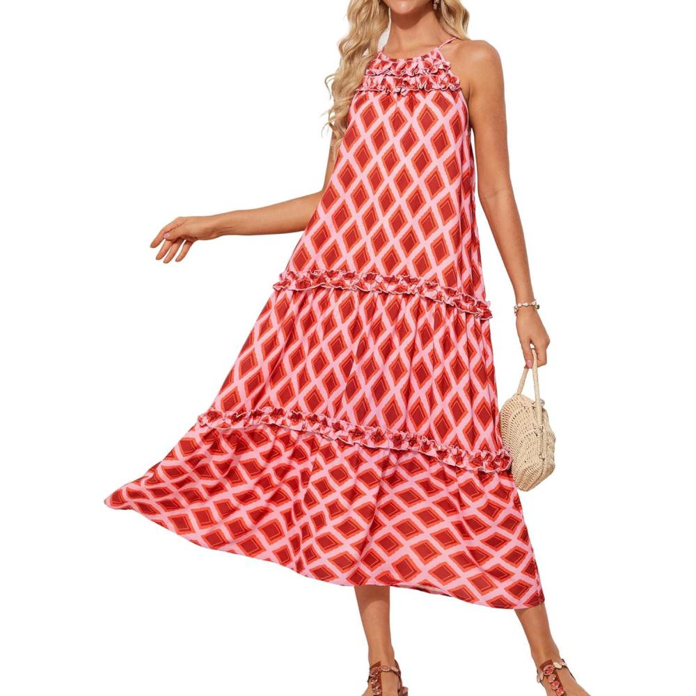 imageGRACE KARIN Womens Maxi Boho Dress Casual Summer Loose Long Floral Sundresses Flowy Halter Tiered Beach Vacation OutfitsOrange Rhombic