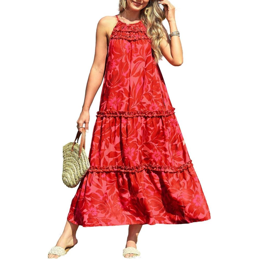 imageGRACE KARIN Womens Maxi Boho Dress Casual Summer Loose Long Floral Sundresses Flowy Halter Tiered Beach Vacation OutfitsRed Bright Flower