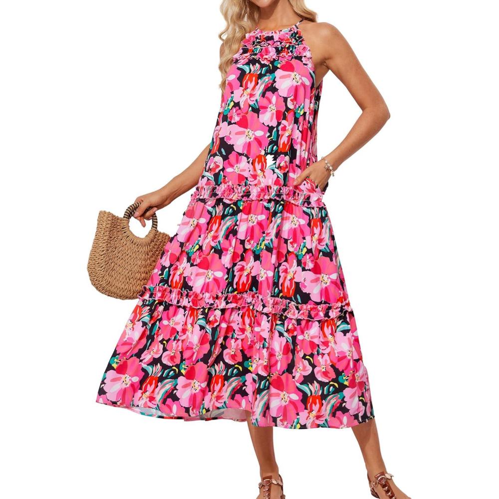 imageGRACE KARIN Womens Maxi Boho Dress Casual Summer Loose Long Floral Sundresses Flowy Halter Tiered Beach Vacation OutfitsRose Red Flower