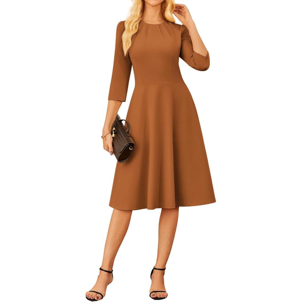 imageGRACE KARIN Work Dresses for Women 202534 Sleeve Church Dresses Aline Fall Wedding Guest Dress with PocketsBrown