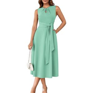 GRACE KARIN Women 2026 Work Dress Sleeveless Tie Waist Elegant Party Cocktail A Line Flowy Midi Dresses with Pockets(Sage Green)