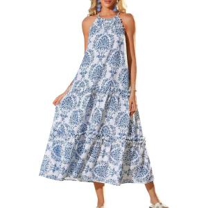 GRACE KARIN Women’s Maxi Boho Dress Casual Summer Loose Long Floral Sundresses Flowy Halter Tiered Beach Vacation Outfits(Light Blue Totem)