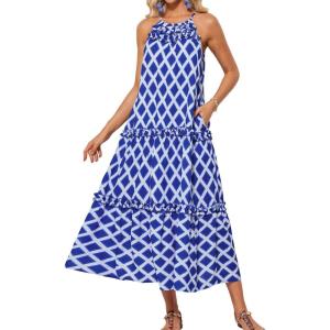 GRACE KARIN Women’s Maxi Boho Dress Casual Summer Loose Long Floral Sundresses Flowy Halter Tiered Beach Vacation Outfits(Royal Blue Rhombic)