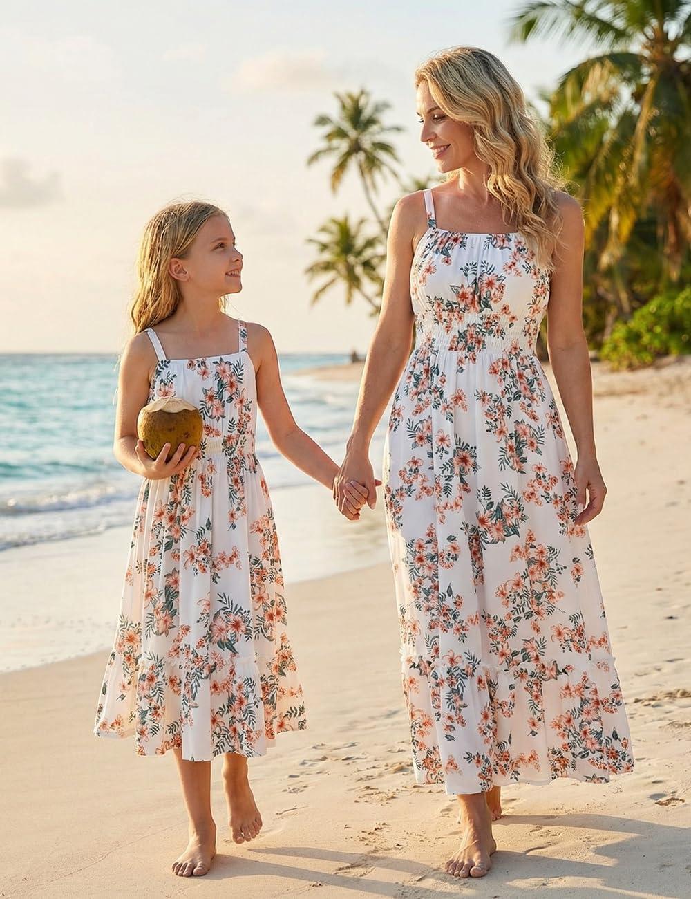 imageGRACE KARIN Mommy and Me Floral Smocked DressSpaghetti Strap Boho DressSummer Maxi Dress with PocketsApricot Flower
