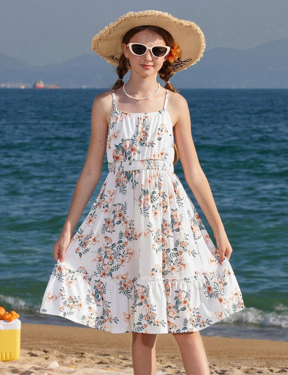 imageGRACE KARIN Mommy and Me Floral Smocked DressSpaghetti Strap Boho DressSummer Maxi Dress with PocketsApricot Flower