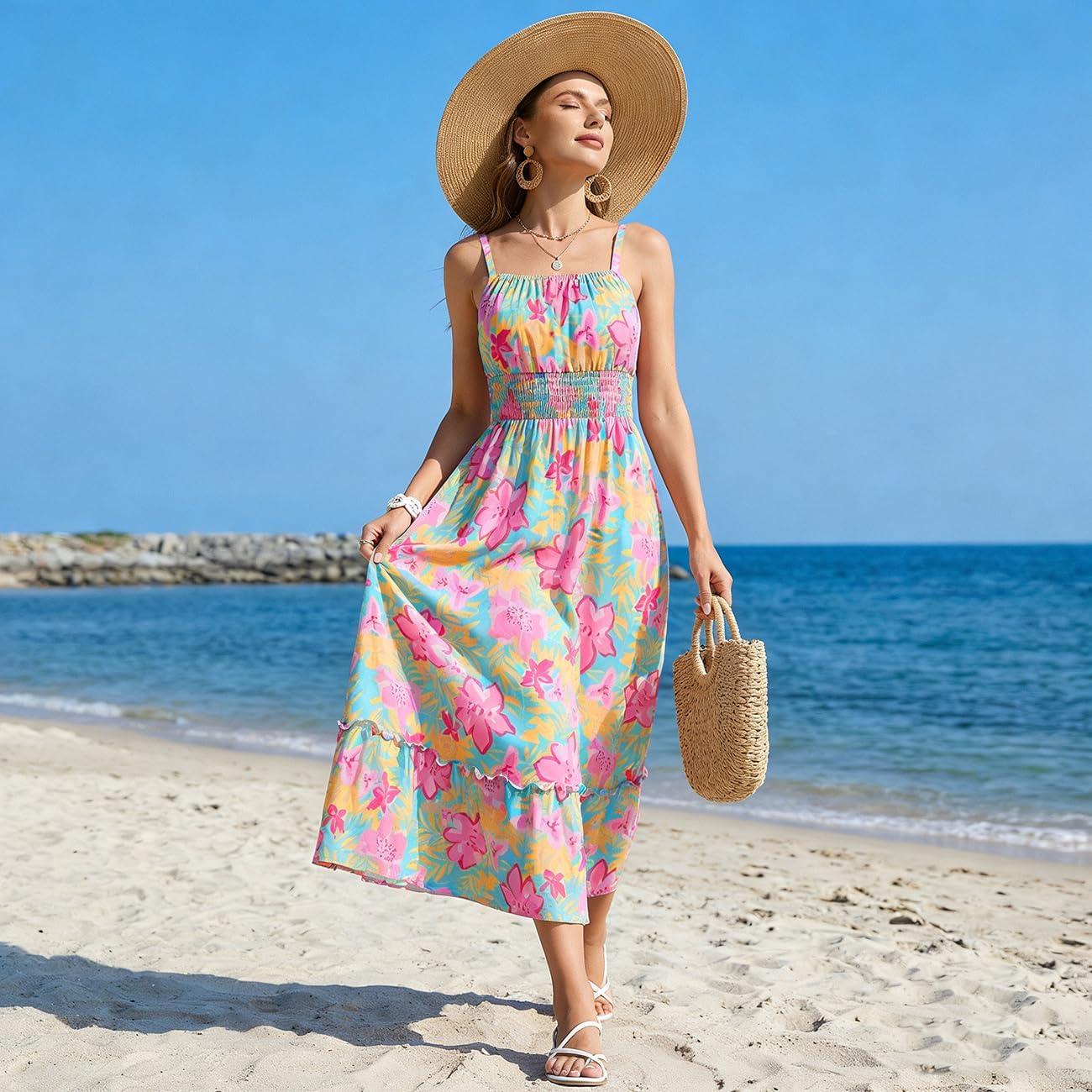 imageGRACE KARIN Mommy and Me Floral Smocked DressSpaghetti Strap Boho DressSummer Maxi Dress with PocketsBlue
