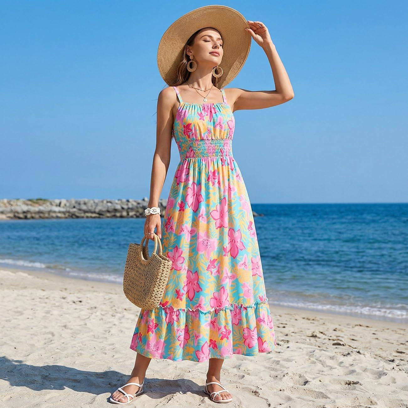 imageGRACE KARIN Mommy and Me Floral Smocked DressSpaghetti Strap Boho DressSummer Maxi Dress with PocketsBlue
