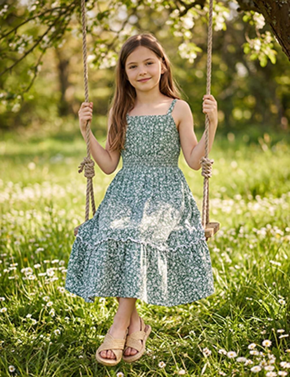 imageGRACE KARIN Mommy and Me Floral Smocked DressSpaghetti Strap Boho DressSummer Maxi Dress with PocketsGreen