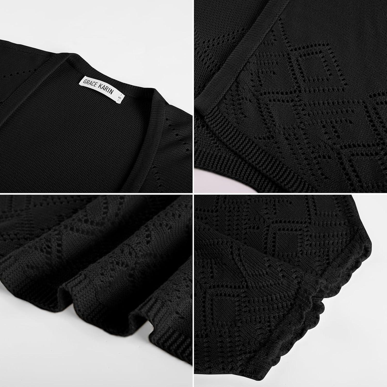 imageGRACE KARIN Womens Summer Crochet Cardigans Short Sleeve Cropped Bolero Shrug Lightweight Batwing Sweater OutwearBlack
