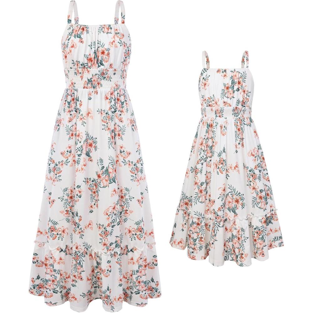 imageGRACE KARIN Mommy and Me Floral Smocked DressSpaghetti Strap Boho DressSummer Maxi Dress with PocketsApricot Flower