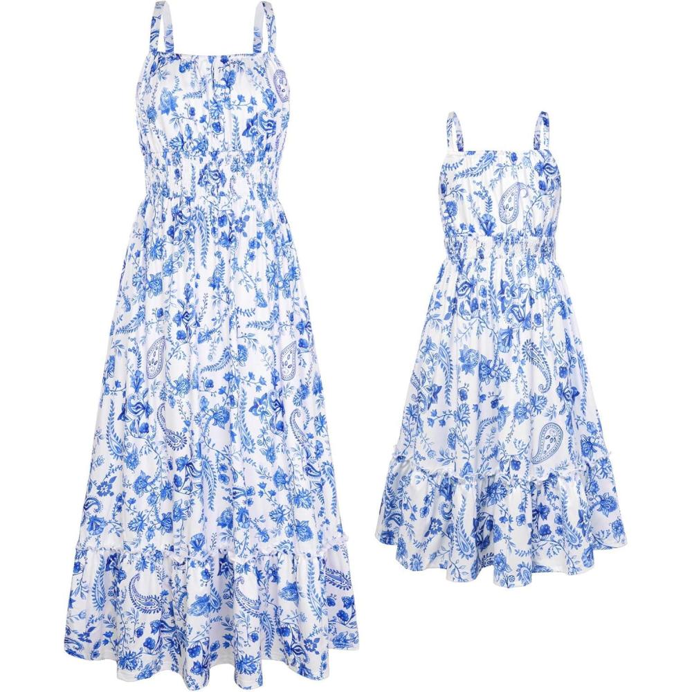 imageGRACE KARIN Mommy and Me Floral Smocked DressSpaghetti Strap Boho DressSummer Maxi Dress with PocketsBlue Flower