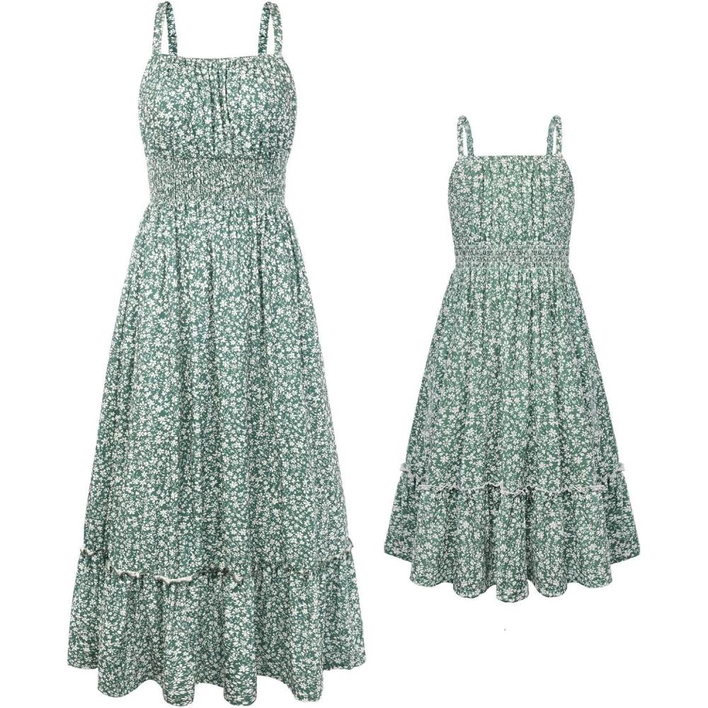 imageGRACE KARIN Mommy and Me Floral Smocked DressSpaghetti Strap Boho DressSummer Maxi Dress with PocketsGreen